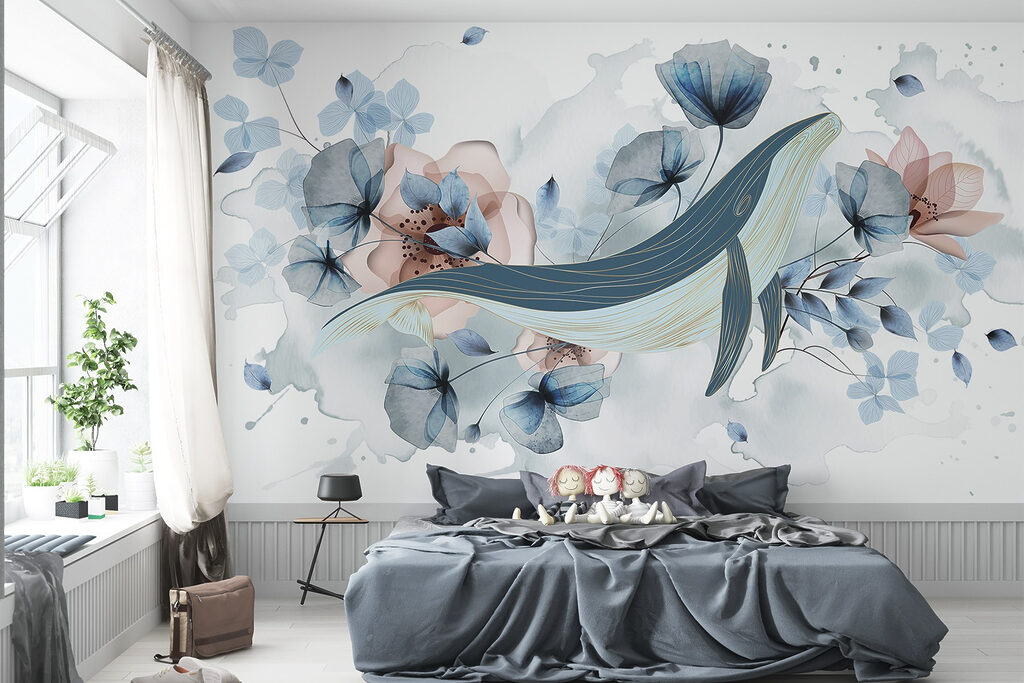 Walvis tussen blauwe bloemen — interieur 2