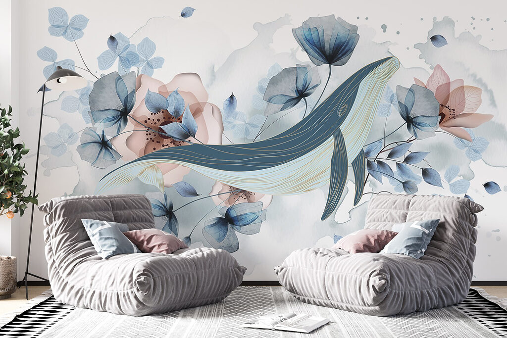 Walvis tussen blauwe bloemen — interieur 3