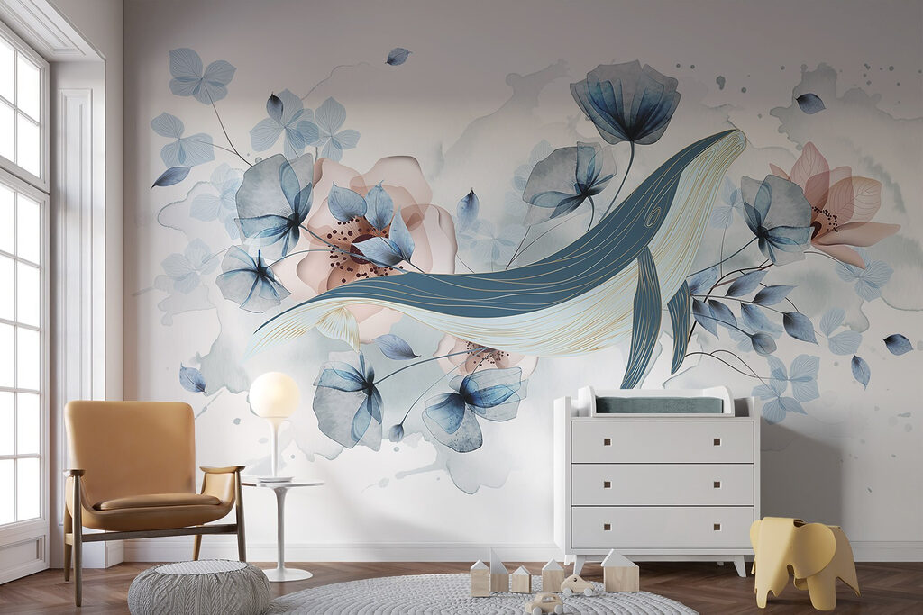 Walvis tussen blauwe bloemen — interieur 4
