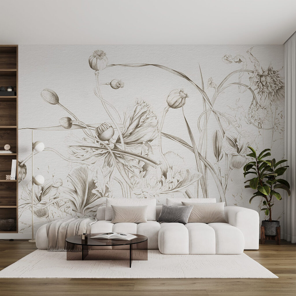 Tekening van bloemen en bladeren in een interieur