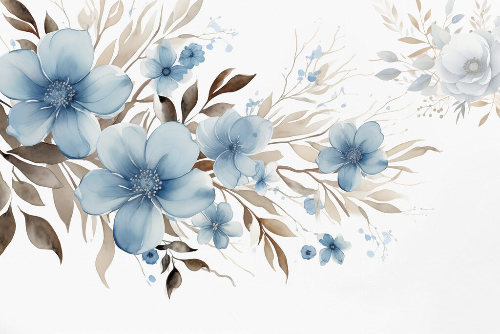 Schilderij van blauwe bloemen en bruine bladeren — volledig ontwerp
