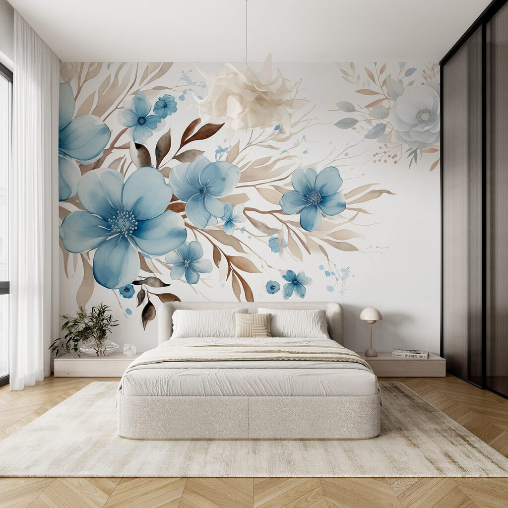 Schilderij van blauwe bloemen en bruine bladeren — interieur 2