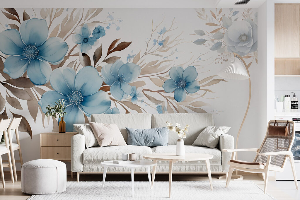 Schilderij van blauwe bloemen en bruine bladeren — interieur 3