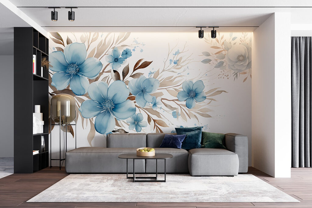 Schilderij van blauwe bloemen en bruine bladeren — interieur 4
