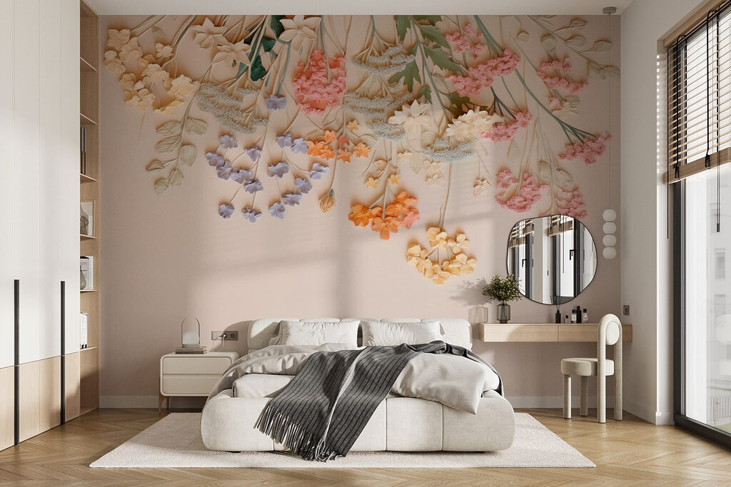 Kleurige hangbloemen boven roze — interieur 1