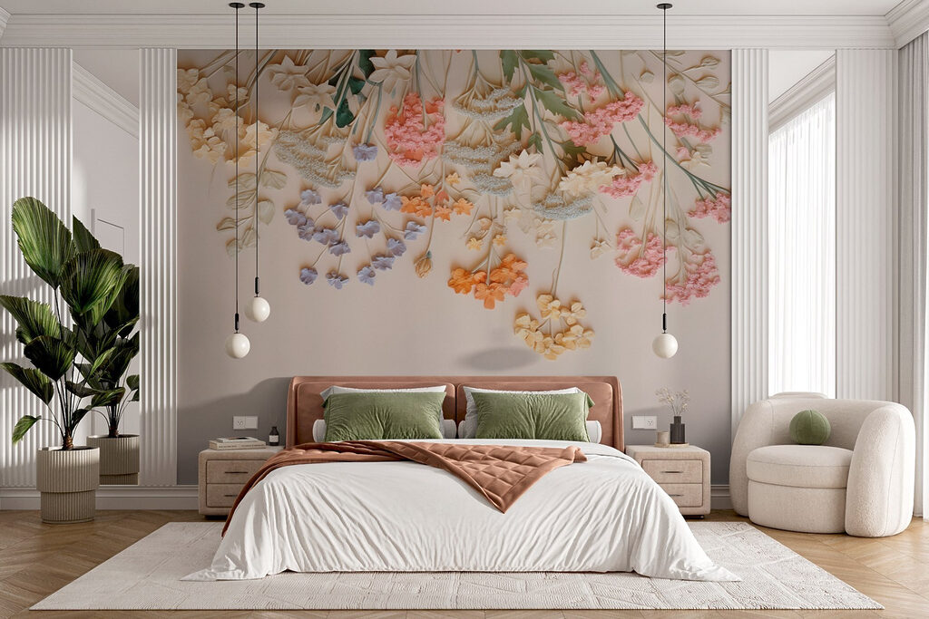 Kleurige hangbloemen boven roze — interieur 2