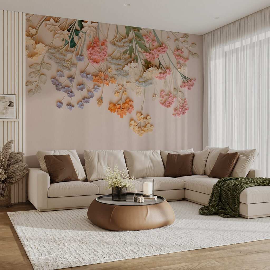 Kleurige hangbloemen boven roze — interieur 3