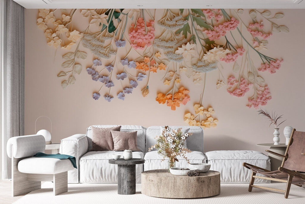 Kleurige hangbloemen boven roze — interieur 4