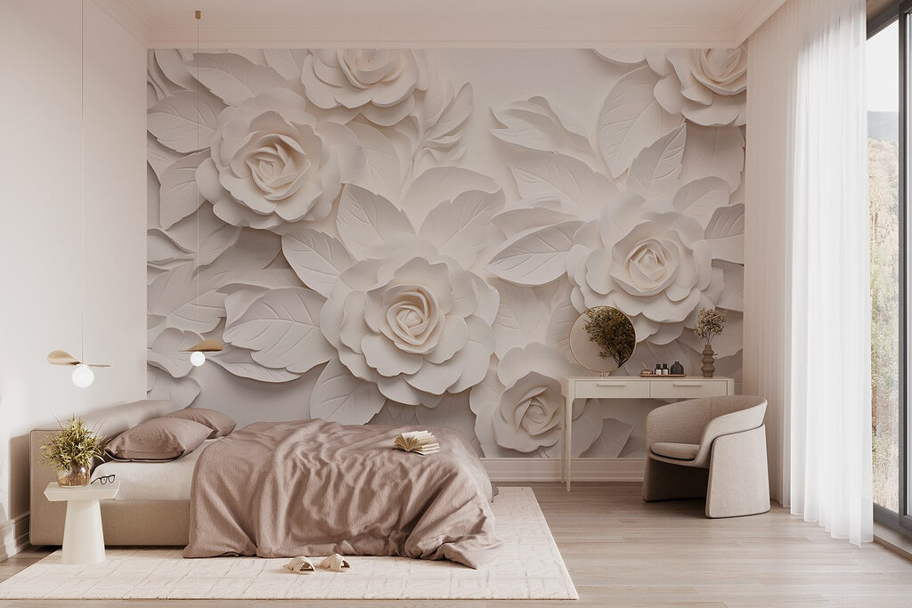 Witte rozen als wandreliëf — interieur 1