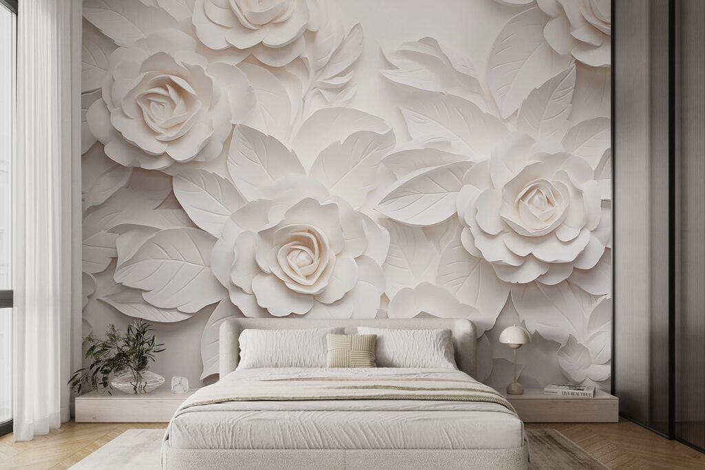 Witte rozen als wandreliëf — interieur 2