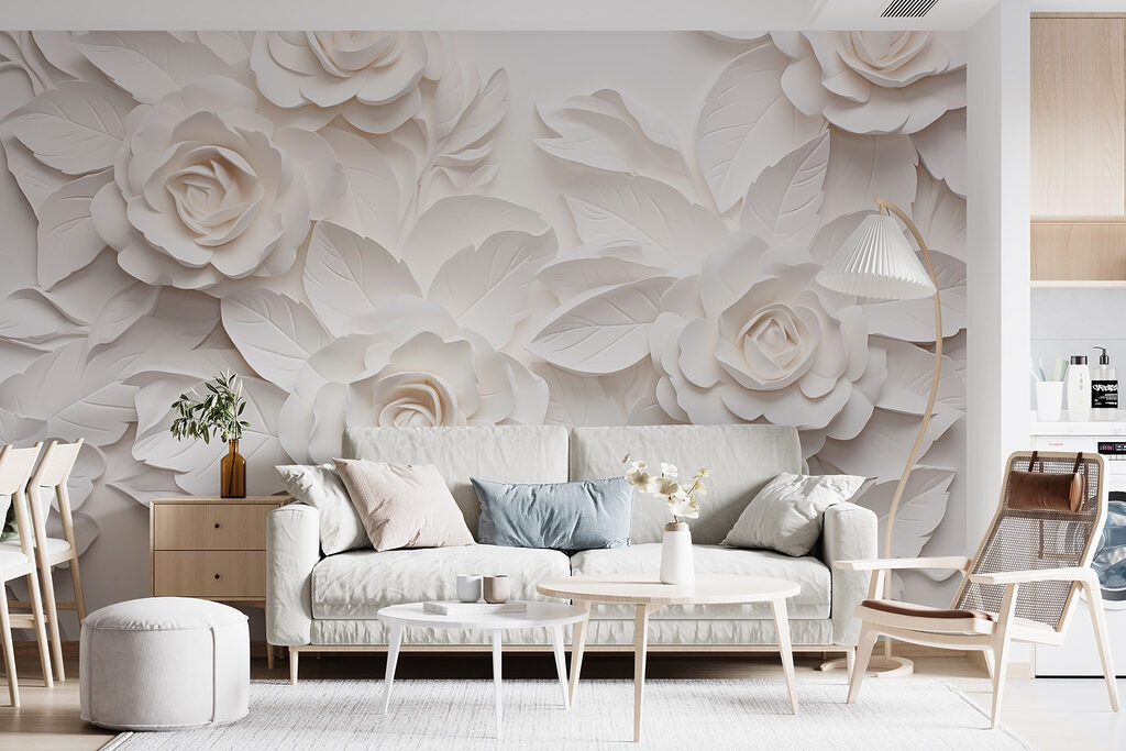 Witte rozen als wandreliëf — interieur 4