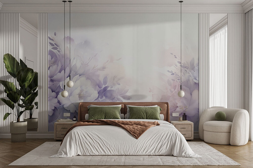 Paarse bloemen rondom licht — interieur 2