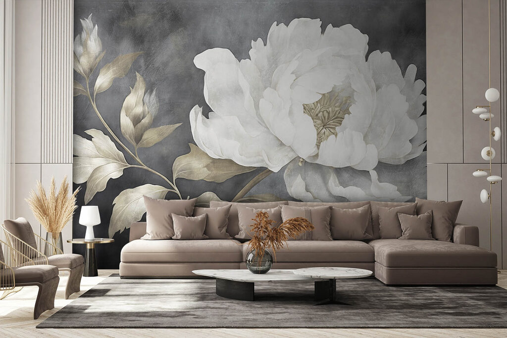 Witte pioen op donkergrijs — interieur 2