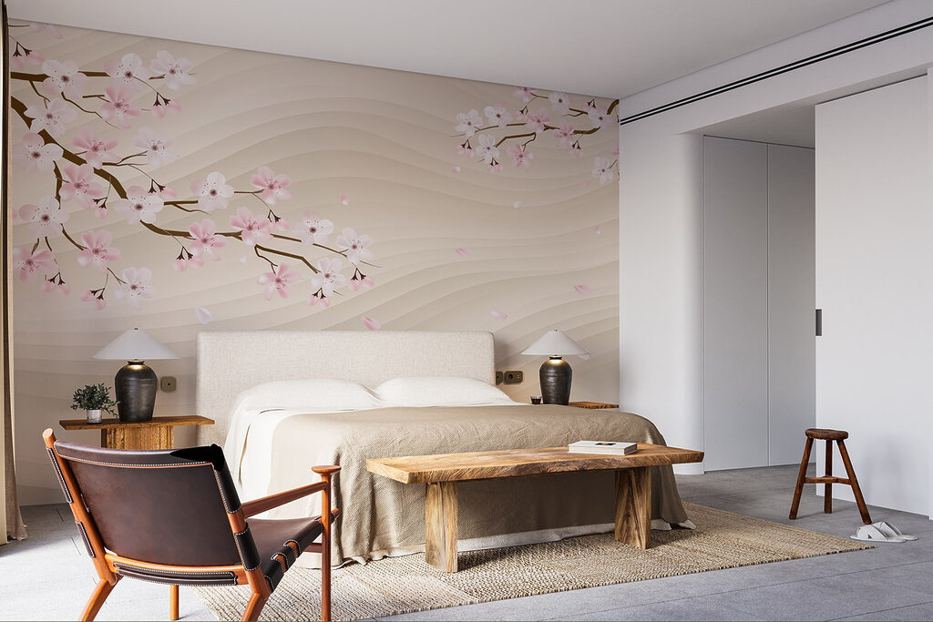 Roze bloesem boven zandgolven — interieur 5