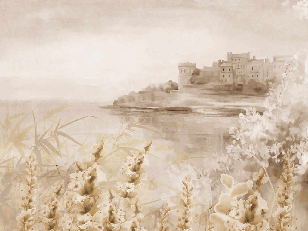 Schilderij van een kasteel en een meer — volledig ontwerp