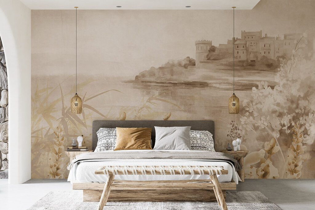 Schilderij van een kasteel en een meer in een interieur