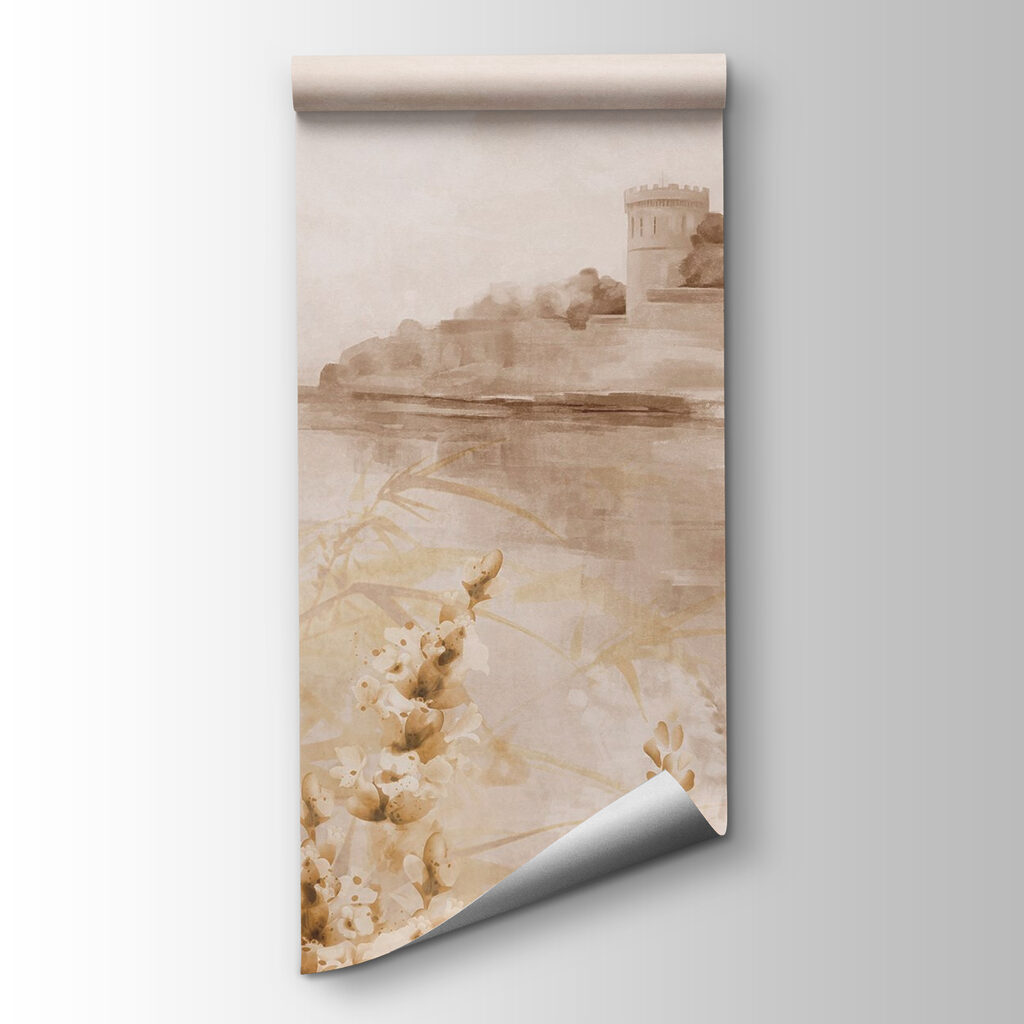 Schilderij van een kasteel en een meer — productweergave
