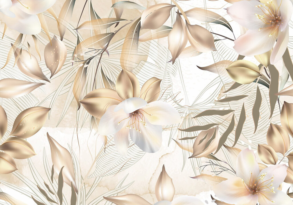 Gouden bloemen tussen lijnbladeren — volledig ontwerp
