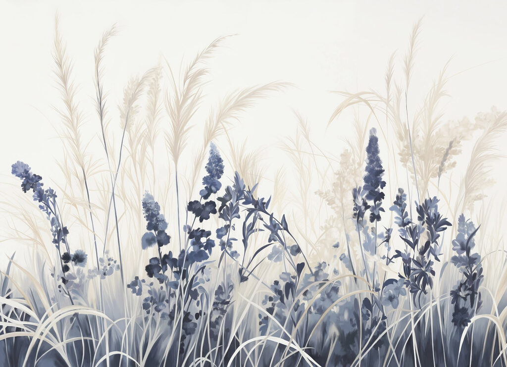 Blauwe bloemen tussen zilvergrassen — volledig ontwerp