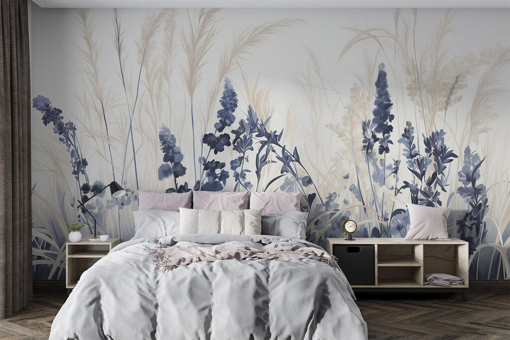 Blauwe bloemen tussen zilvergrassen — interieur 1