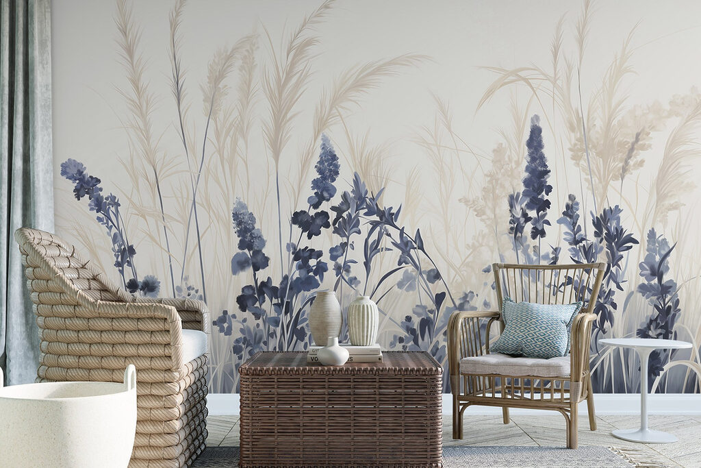 Blauwe bloemen tussen zilvergrassen — interieur 3