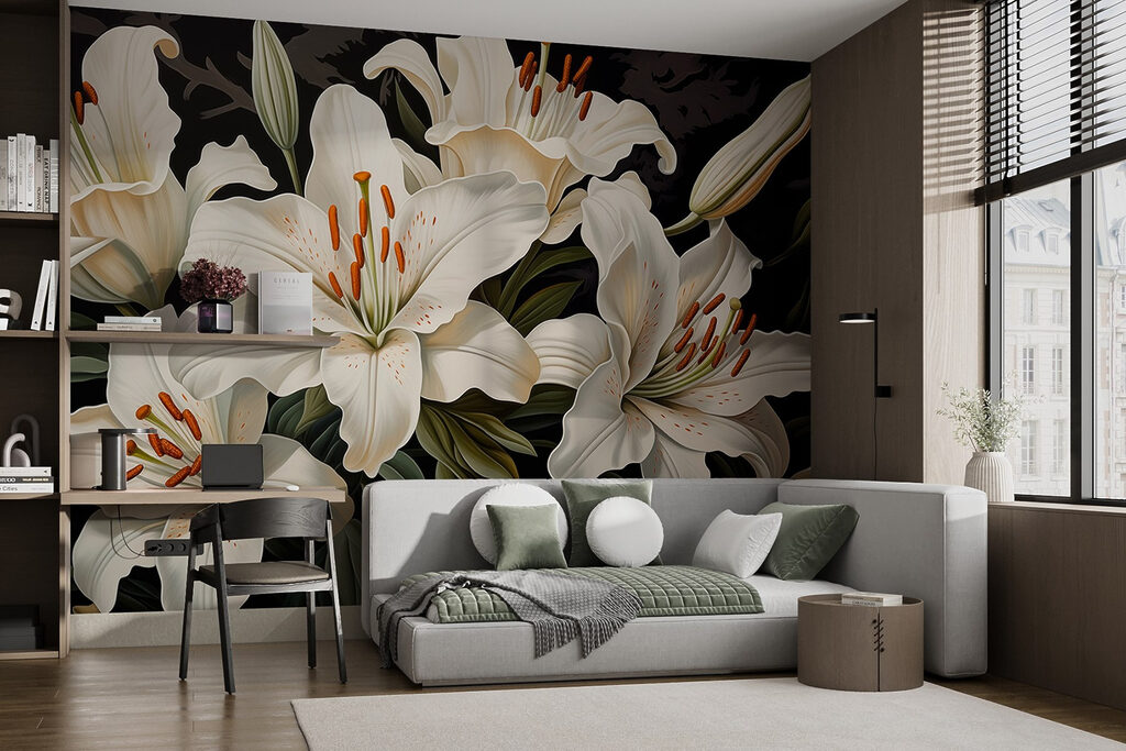 Witte lelies tegen zwart — interieur 1