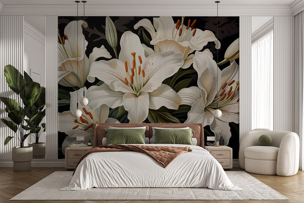 Witte lelies tegen zwart — interieur 2