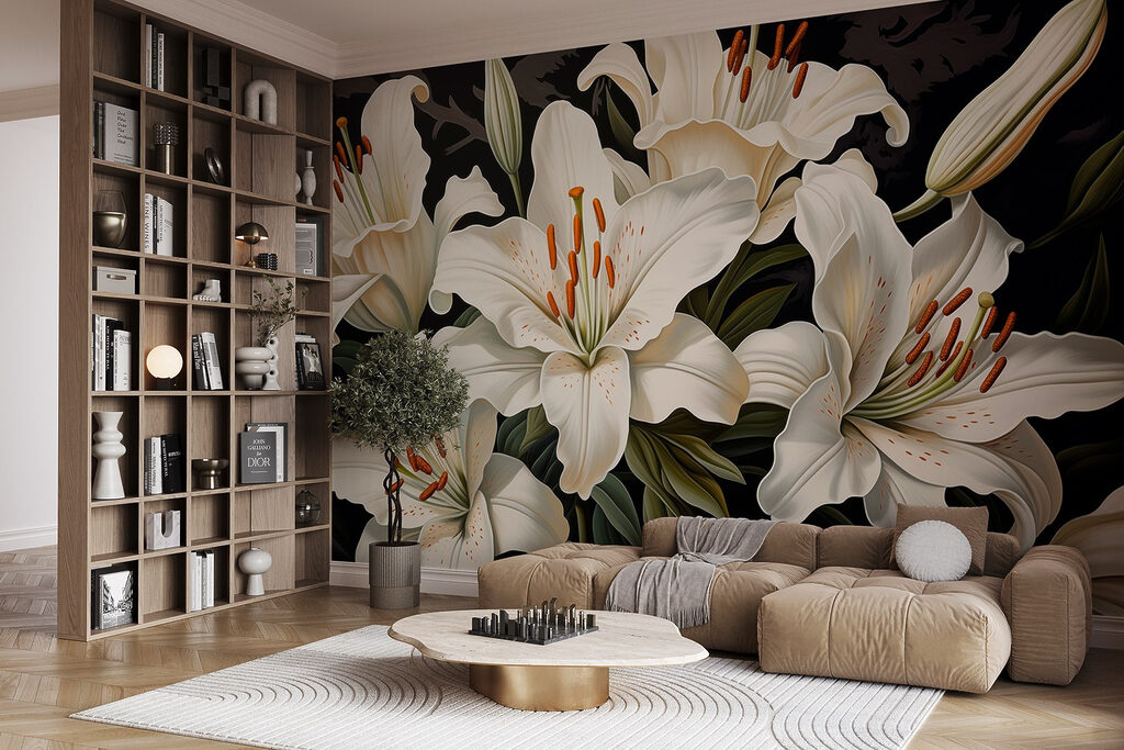 Witte lelies tegen zwart — interieur 4