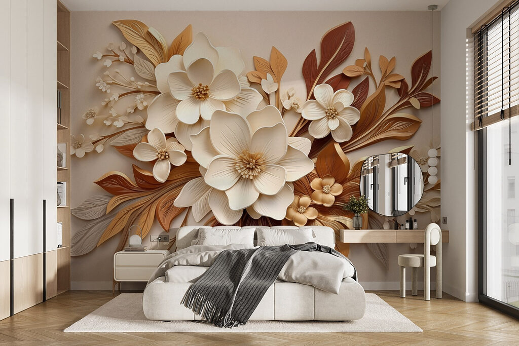 Groep witte en bruine bloemen in een interieur