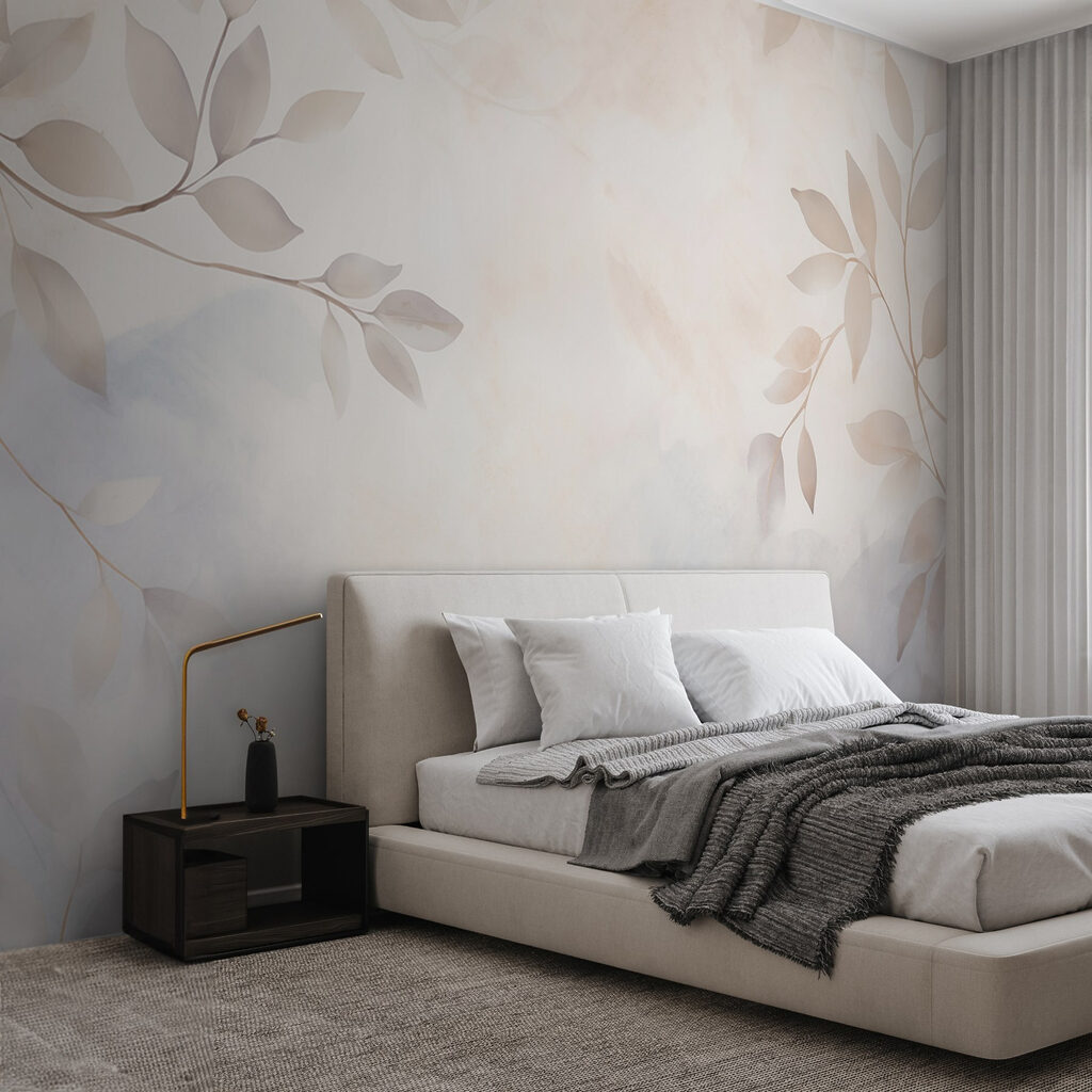 Witte en grijze bladeren op een witte achtergrond in een interieur