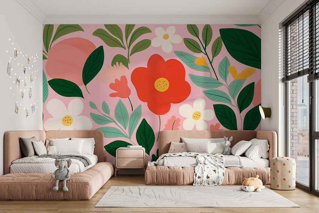 Oranje bloemen op roze — interieur 1