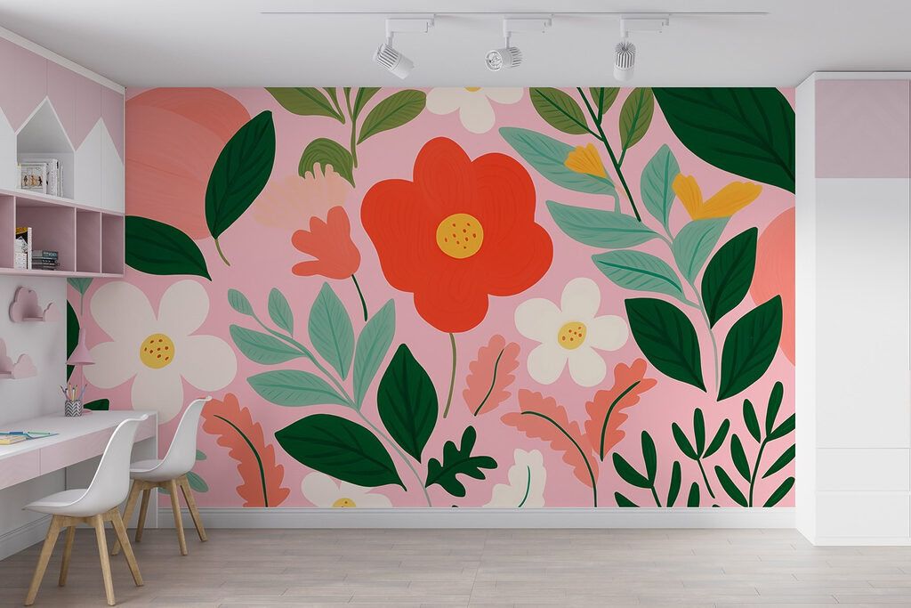 Oranje bloemen op roze — interieur 2