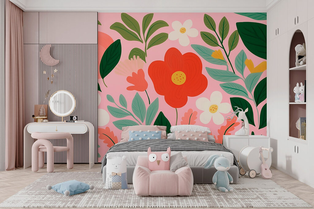 Oranje bloemen op roze — interieur 4