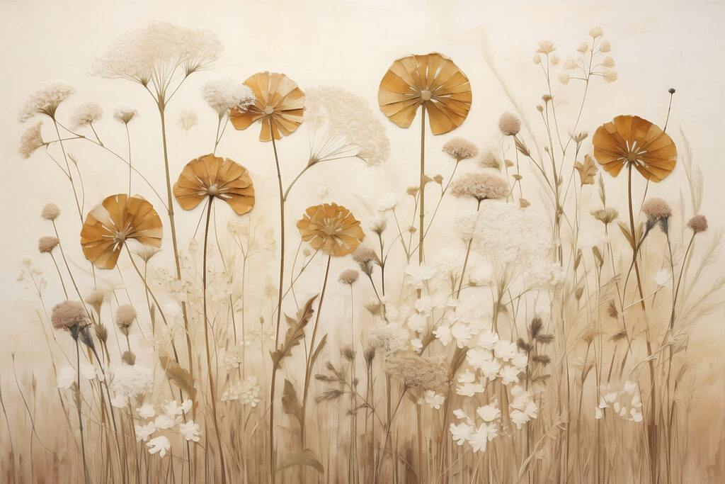 Gouden bloemen boven veldgras — volledig ontwerp