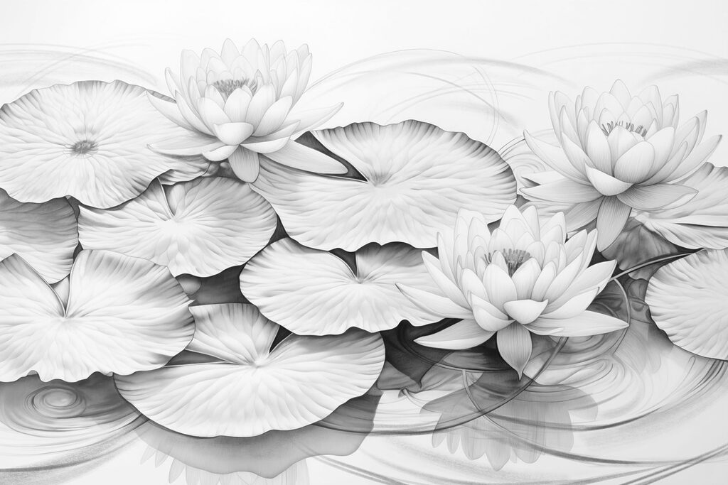 Witte lotussen in lijnreliëf — volledig ontwerp