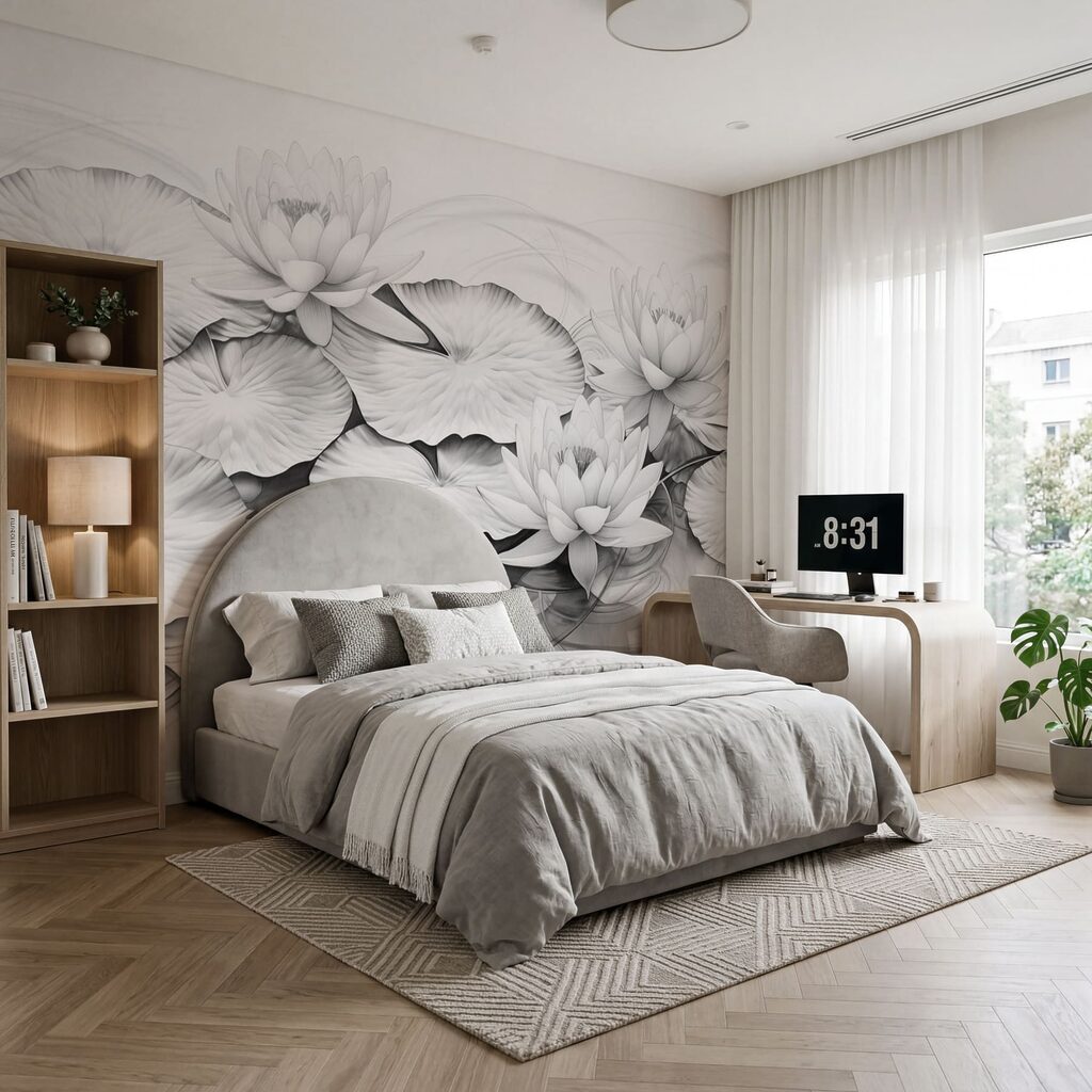 Witte lotussen in lijnreliëf — interieur 2