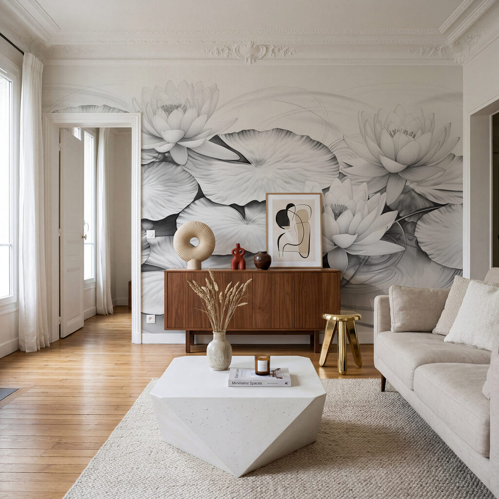 Witte lotussen in lijnreliëf — interieur 1