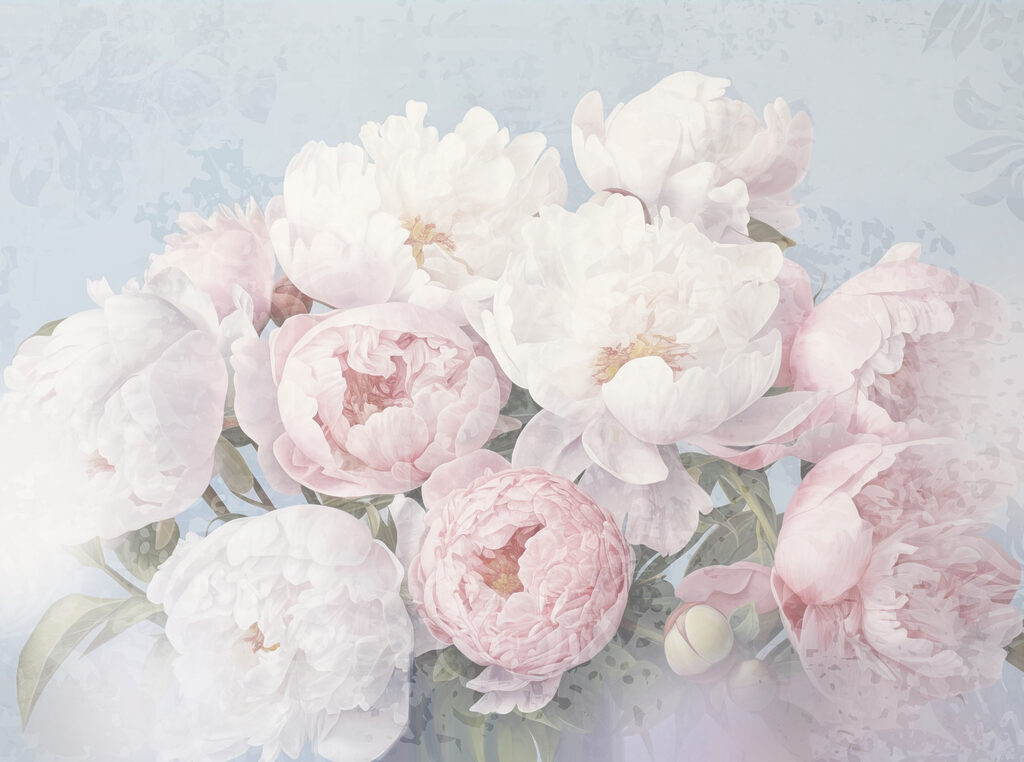 Roze pioenen op pastelblauw — volledig ontwerp