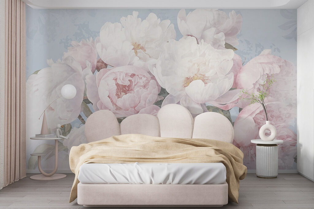 Roze pioenen op pastelblauw — interieur 1