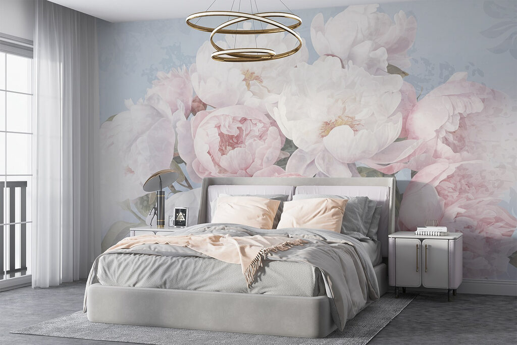 Roze pioenen op pastelblauw — interieur 2