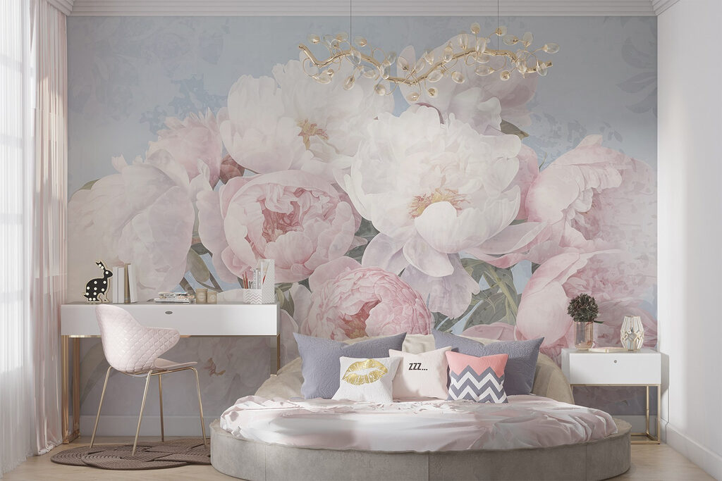 Roze pioenen op pastelblauw — interieur 3