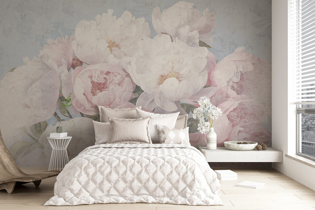 Roze pioenen op pastelblauw — interieur 4