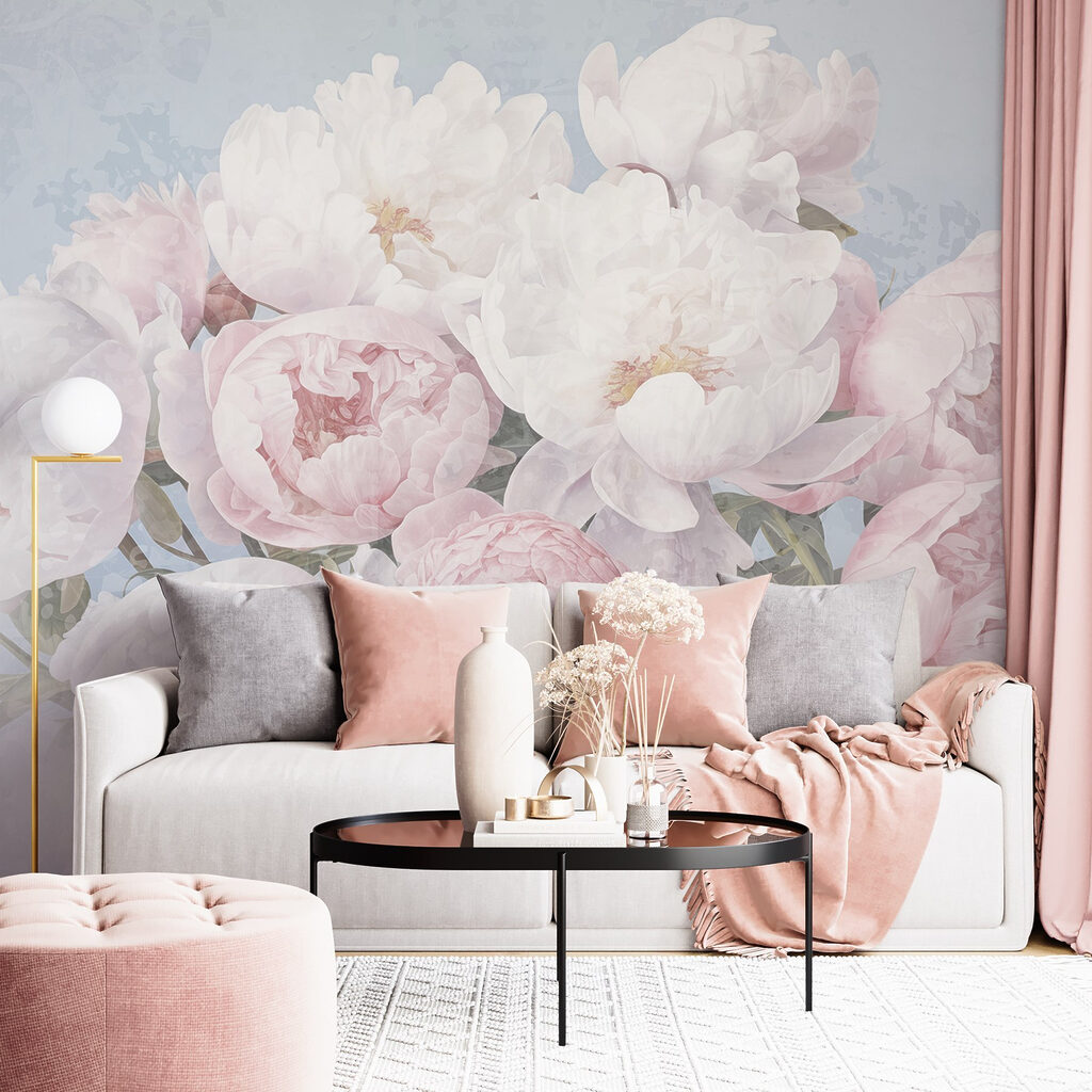 Roze pioenen op pastelblauw — interieur 5