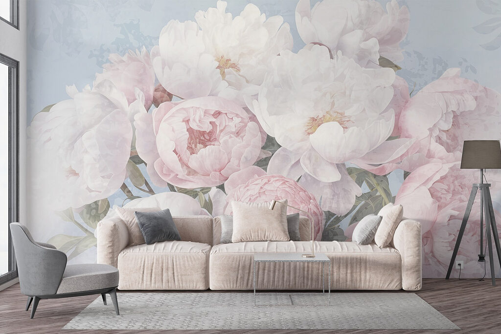 Roze pioenen op pastelblauw — interieur 6