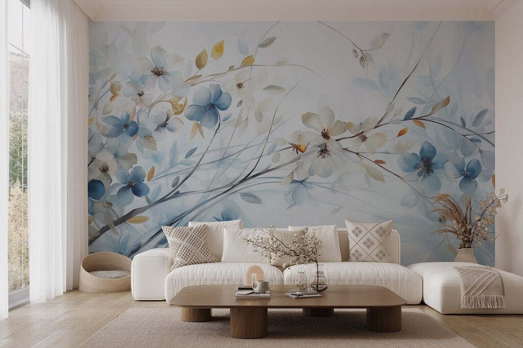 Blauwe bloemtakken over licht — interieur 4