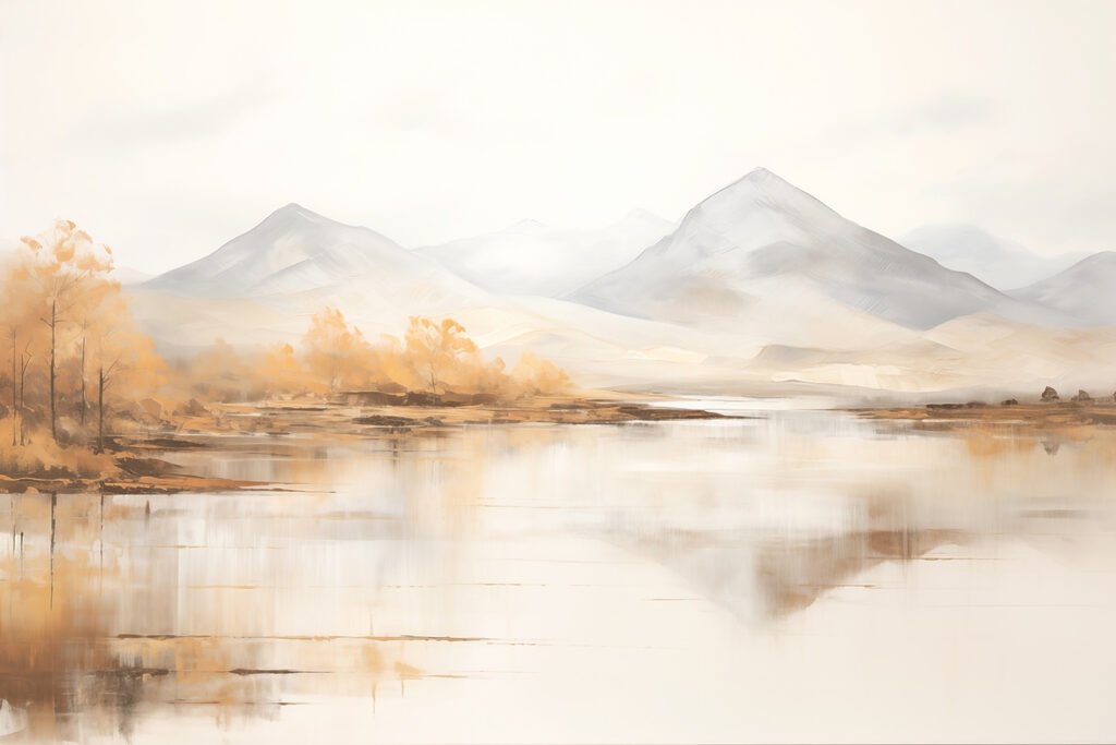 Herfstbomen langs een bergmeer — volledig ontwerp