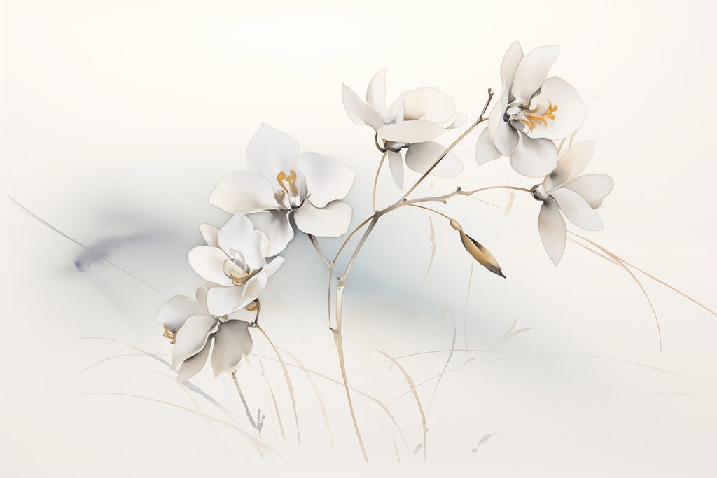 Witte bloemen, goudkleurige takjes — volledig ontwerp