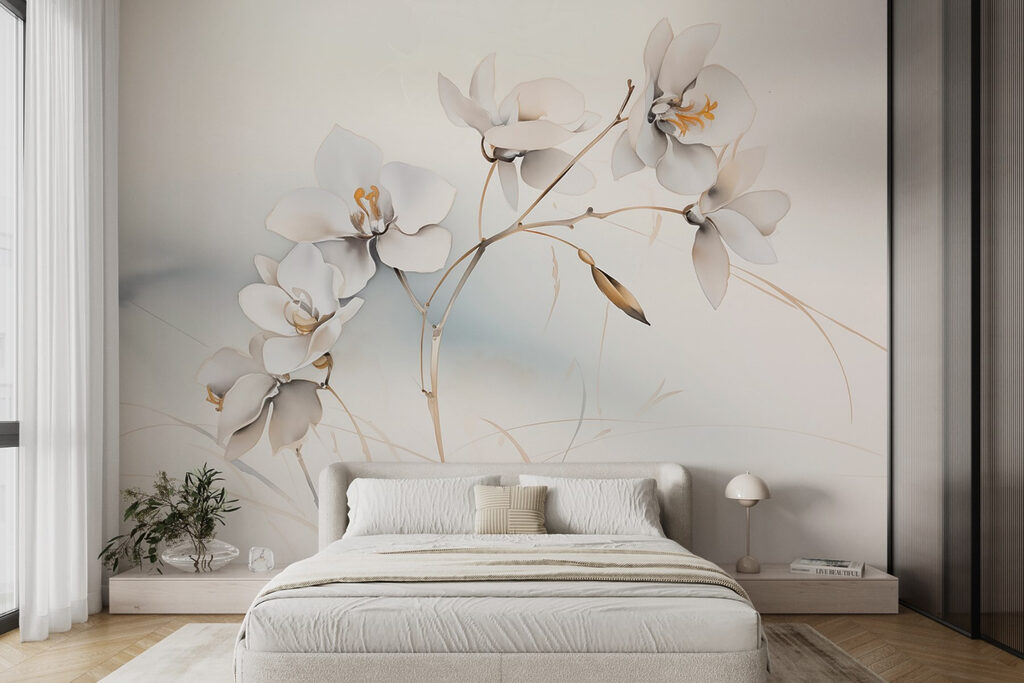 Witte bloemen aan een tak in een interieur