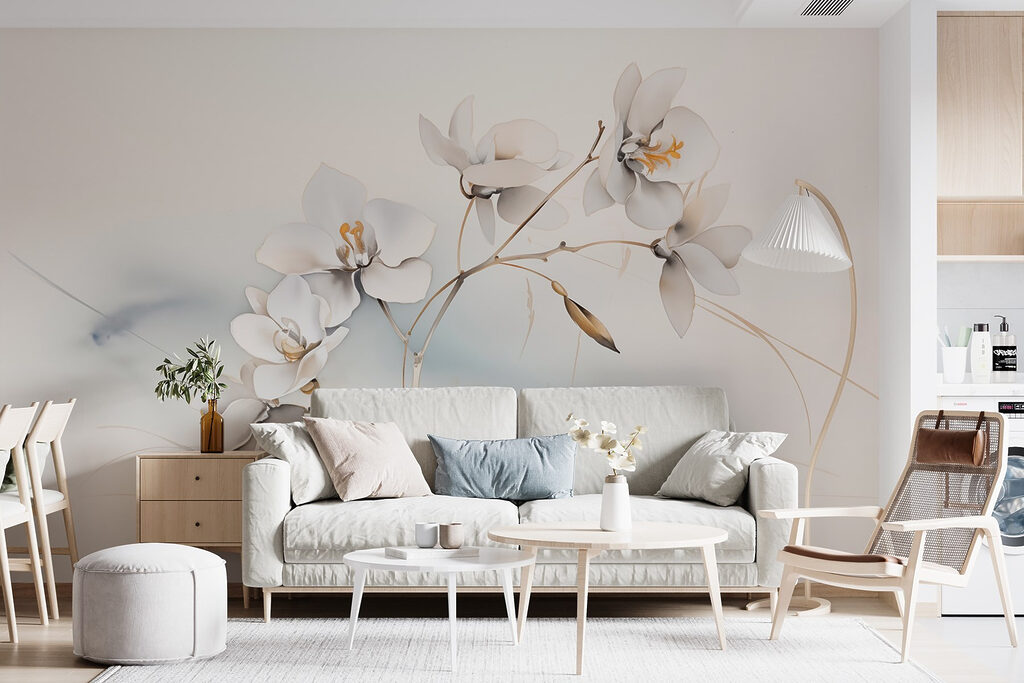 Witte bloemen, goudkleurige takjes — interieur 2