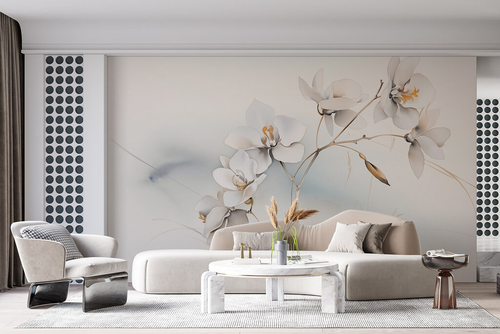 Witte bloemen, goudkleurige takjes — interieur 3